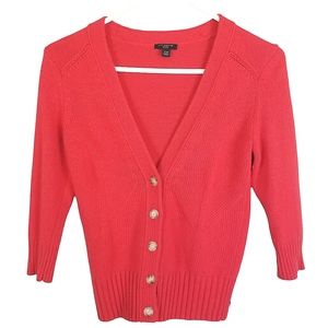 Ann Taylor Petites Red Elbow Sleeve Button Up V Neck Wool Blend Cardigan XSP